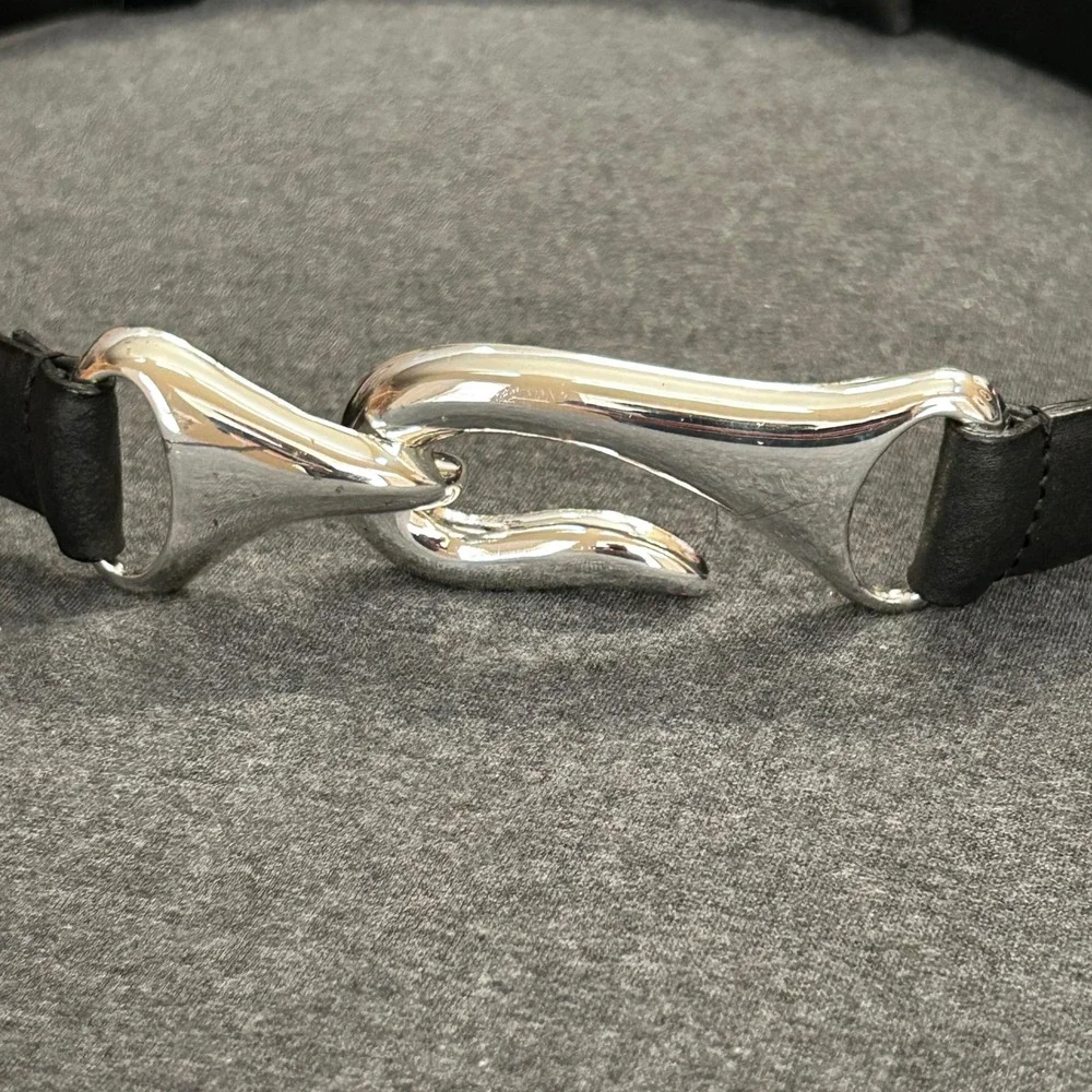 Chico's Belt Women M/L Black Genuine Leather Silver Hook Minimalist Adjustable